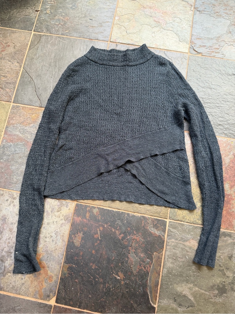 Free People Navy Mock Neck Crossover Sweater